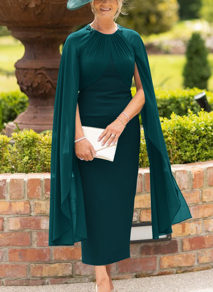 Scoop Neck Cape Sleeves Ankle-Length Chiffon/Elastic Satin Mother Of The Bride Dresses With Beading/Sequins