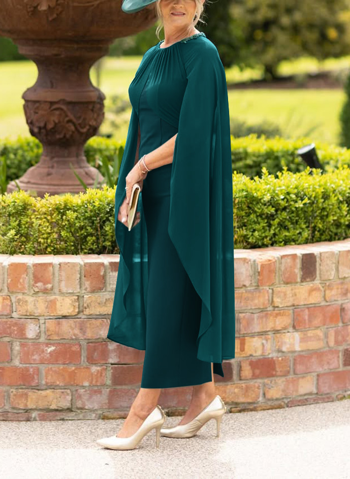 Scoop Neck Cape Sleeves Ankle-Length Chiffon/Elastic Satin Mother Of The Bride Dresses With Beading/Sequins