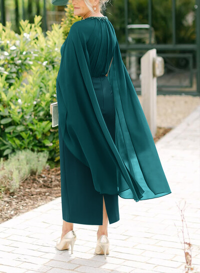 Scoop Neck Cape Sleeves Ankle-Length Chiffon/Elastic Satin Mother Of The Bride Dresses With Beading/Sequins