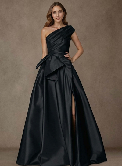 A-Line One-Shoulder Sleeveless Satin Mother Of The Bride Dresses With High Split