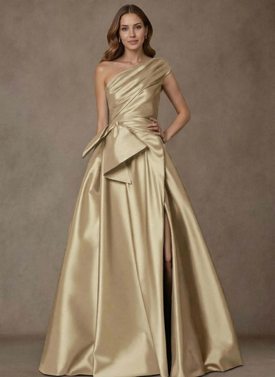 A-Line One-Shoulder Sleeveless Satin Mother Of The Bride Dresses With High Split