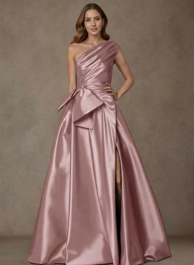 A-Line One-Shoulder Sleeveless Satin Mother Of The Bride Dresses With High Split