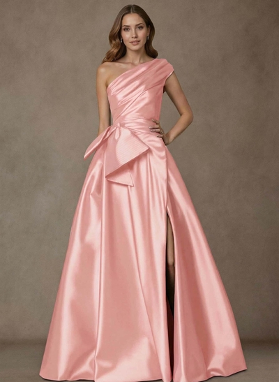 A-Line One-Shoulder Sleeveless Satin Mother Of The Bride Dresses With High Split