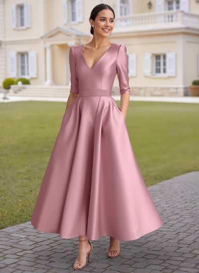 A-Line V-Neck 1/2 Sleeves Ankle-Length Satin Mother Of The Bride Dresses
