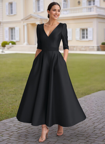 A-Line V-Neck 1/2 Sleeves Ankle-Length Satin Mother Of The Bride Dresses