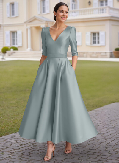 A-Line V-Neck 1/2 Sleeves Ankle-Length Satin Mother Of The Bride Dresses
