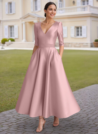A-Line V-Neck 1/2 Sleeves Ankle-Length Satin Mother Of The Bride Dresses