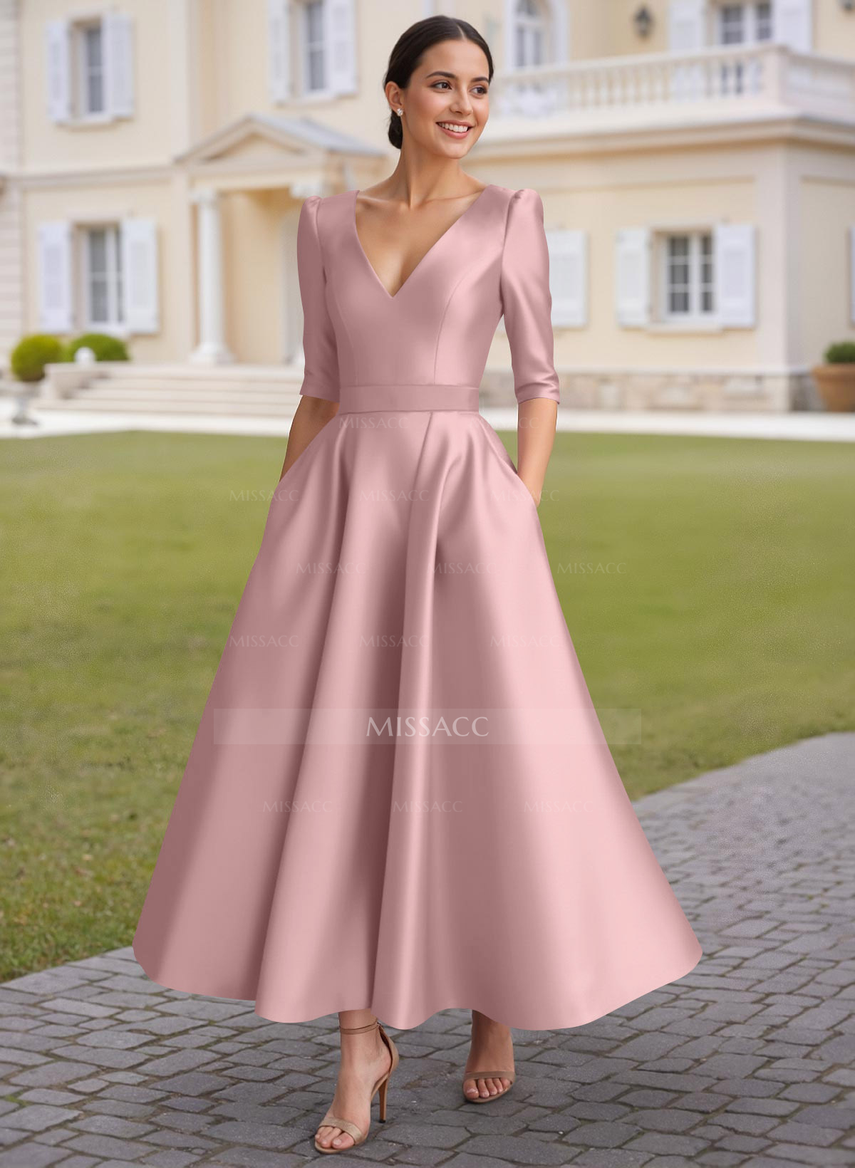 A-Line V-Neck 1/2 Sleeves Ankle-Length Satin Mother Of The Bride Dresses