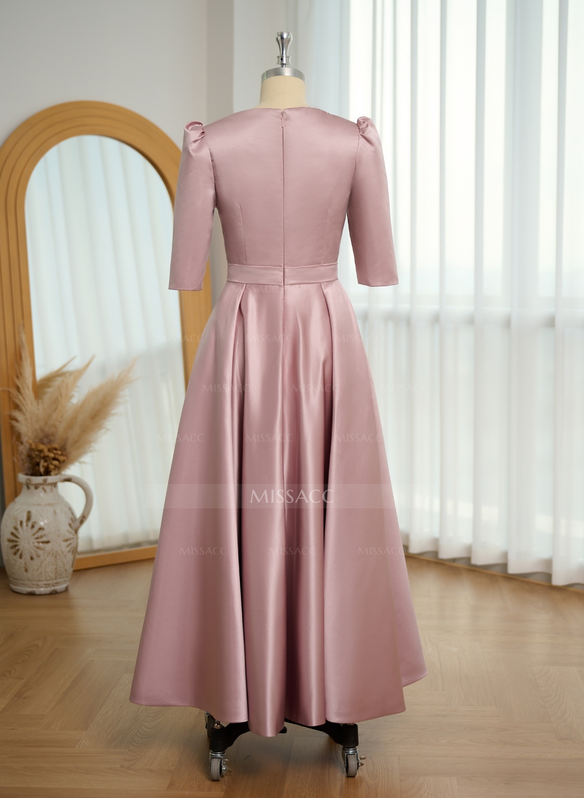 A-Line V-Neck 1/2 Sleeves Ankle-Length Satin Mother Of The Bride Dresses