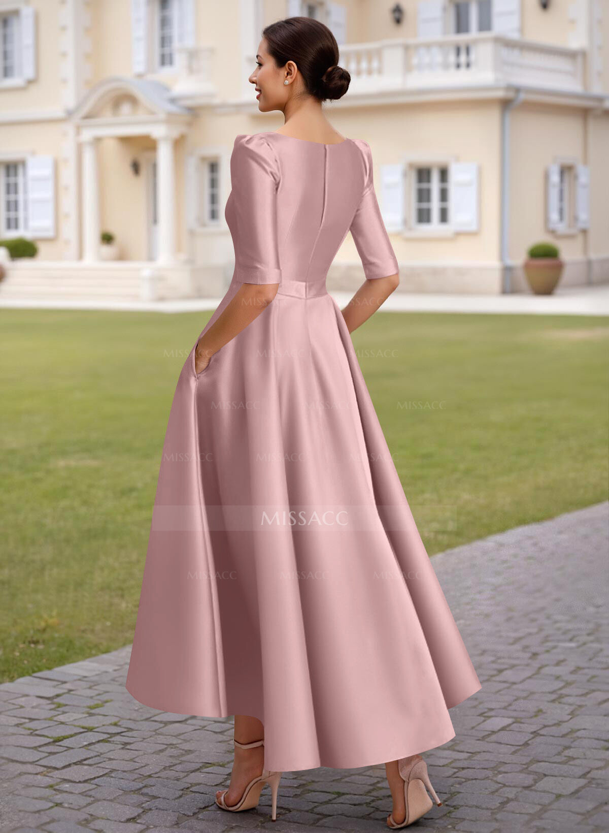 A-Line V-Neck 1/2 Sleeves Ankle-Length Satin Mother Of The Bride Dresses