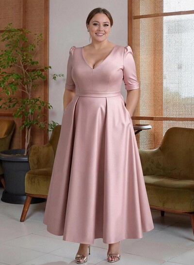 A-Line V-Neck 1/2 Sleeves Ankle-Length Satin Mother Of The Bride Dresses