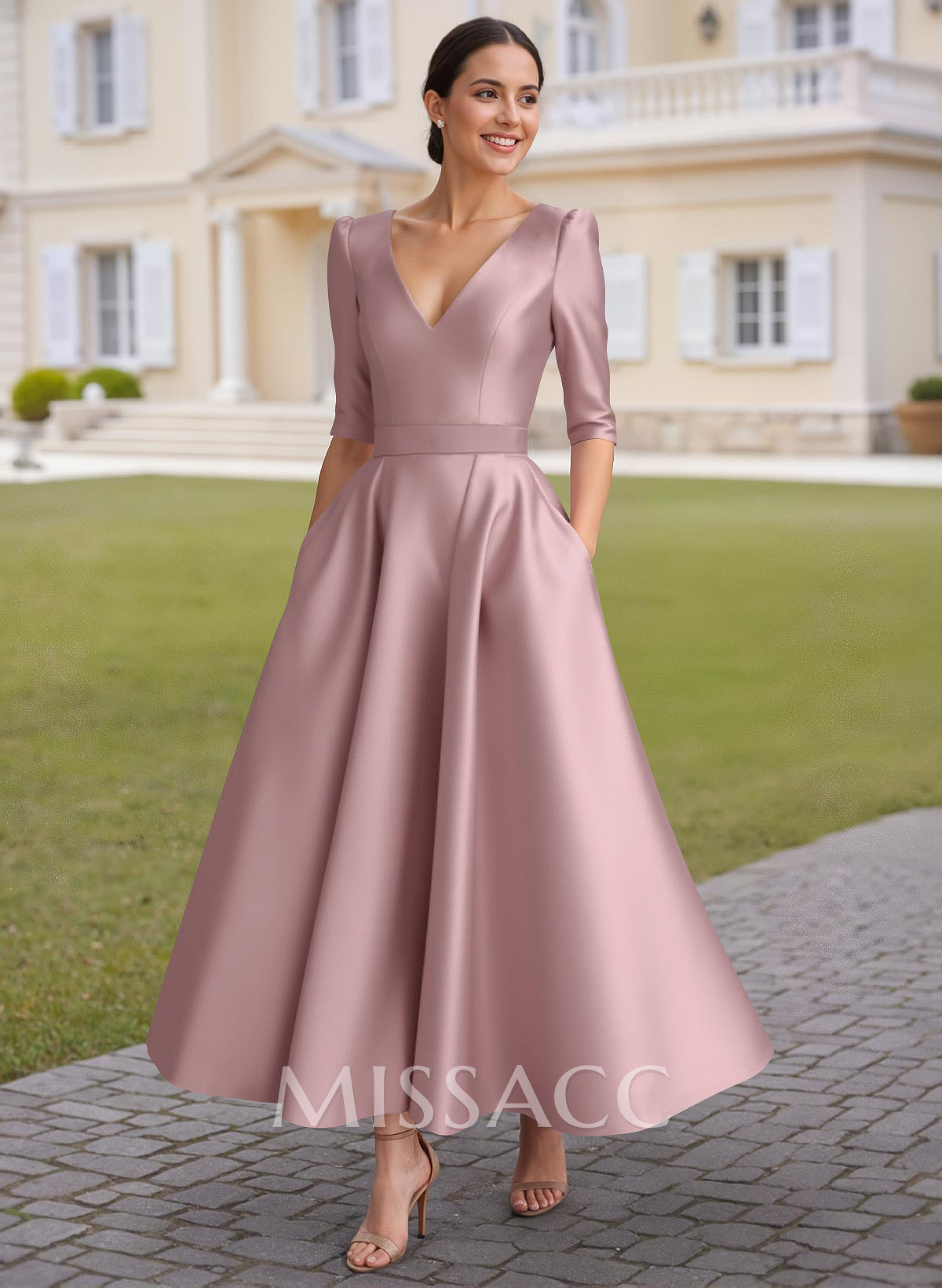 A-Line V-Neck 1/2 Sleeves Ankle-Length Satin Mother Of The Bride Dresses A-Line V-Neck 1/2 Sleeves Ankle-Length Satin Mother Of The Bride Dresses