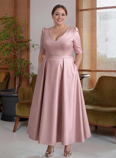 A-Line V-Neck 1/2 Sleeves Ankle-Length Satin Mother Of The Bride Dresses