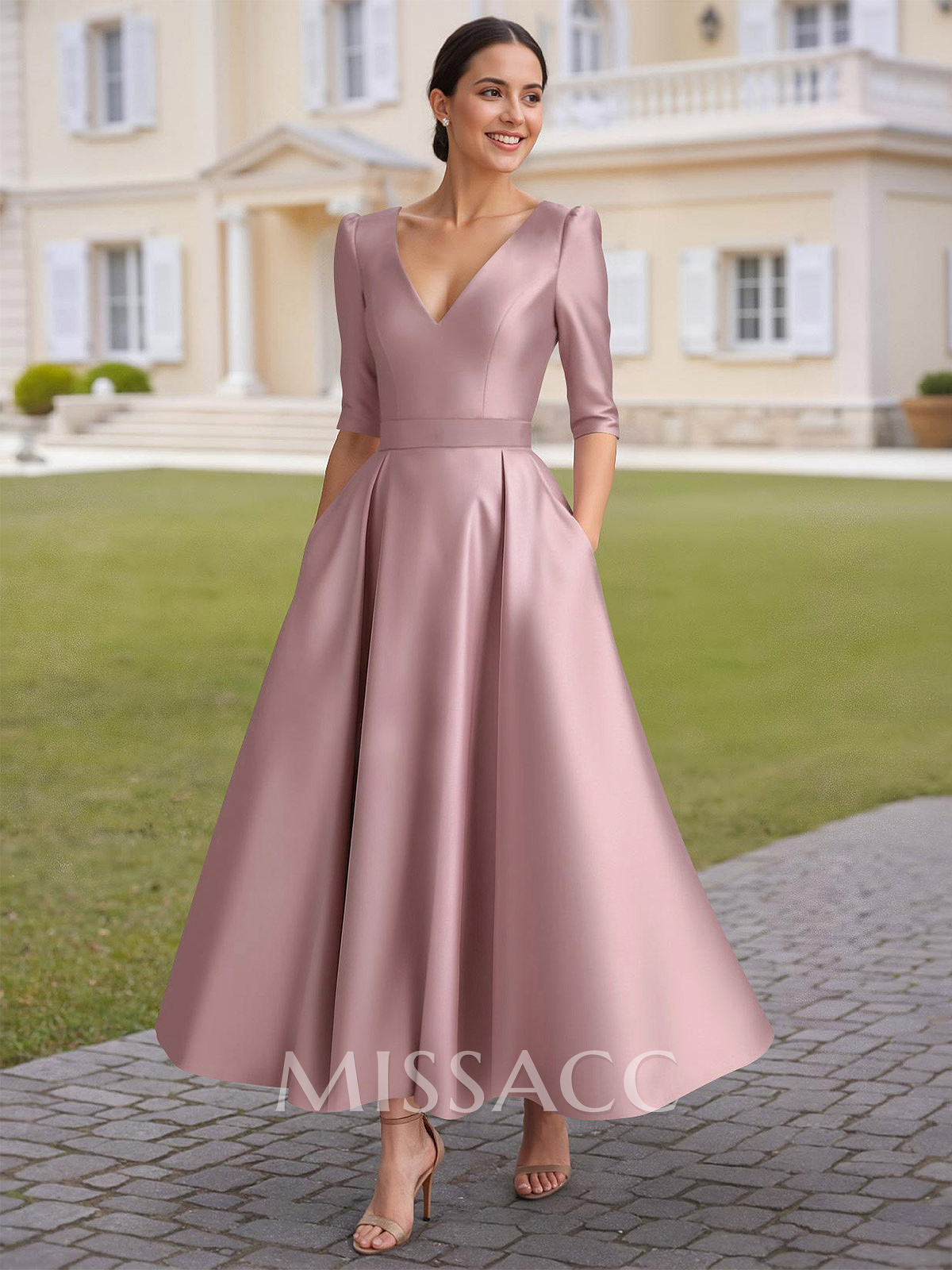 A-Line V-Neck 1/2 Sleeves Ankle-Length Satin Mother Of The Bride Dresses A-Line V-Neck 1/2 Sleeves Ankle-Length Satin Mother Of The Bride Dresses