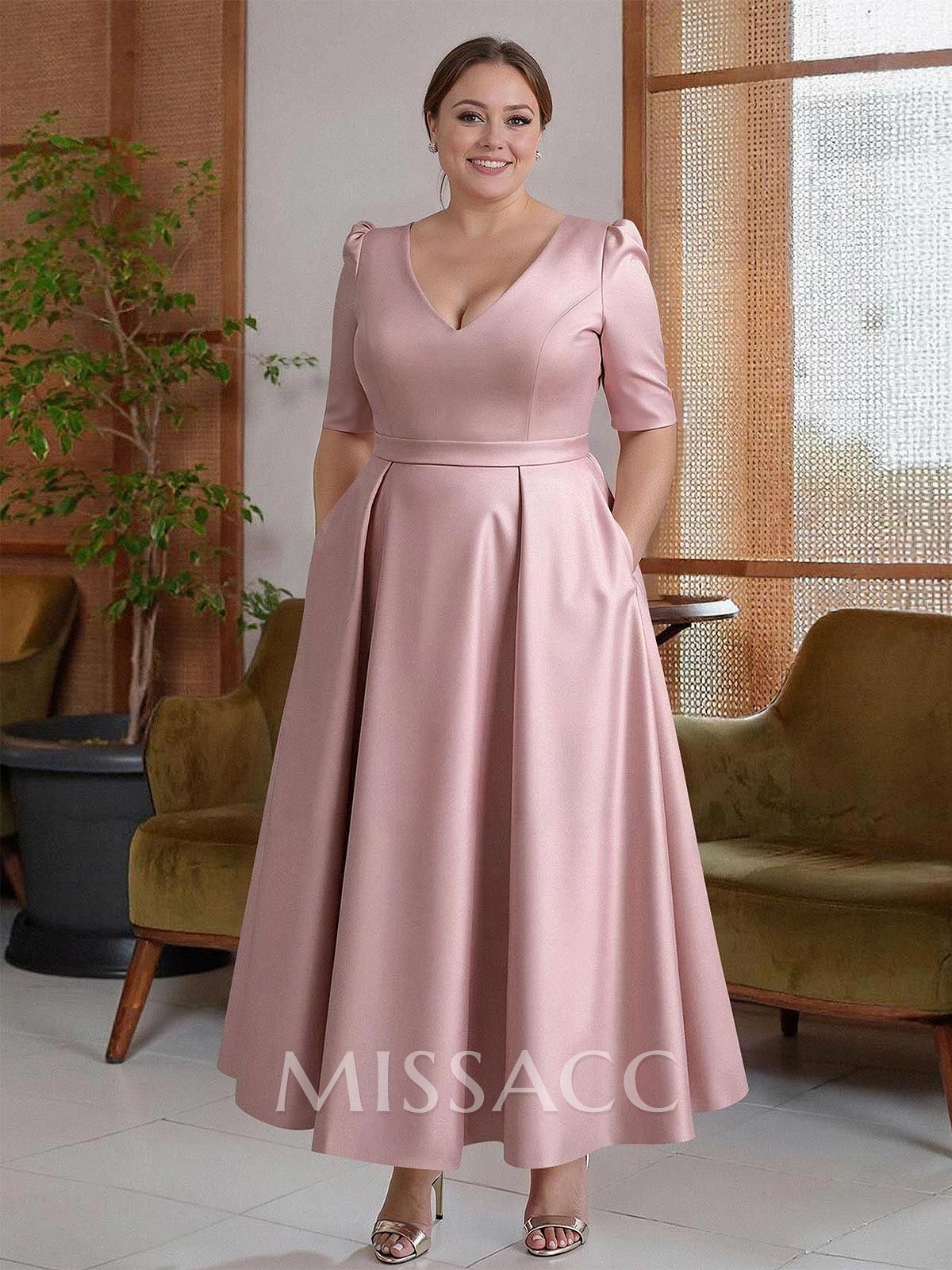 A-Line V-Neck 1/2 Sleeves Ankle-Length Satin Mother Of The Bride Dresses A-Line V-Neck 1/2 Sleeves Ankle-Length Satin Mother Of The Bride Dresses