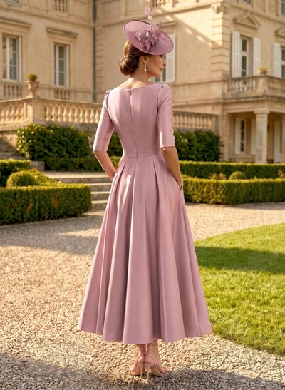 A-Line V-Neck 1/2 Sleeves Ankle-Length Satin Mother Of The Bride Dresses
