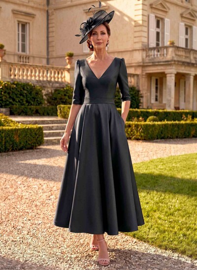 A-Line V-Neck 1/2 Sleeves Ankle-Length Satin Mother Of The Bride Dresses