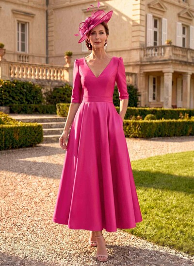 A-Line V-Neck 1/2 Sleeves Ankle-Length Satin Mother Of The Bride Dresses