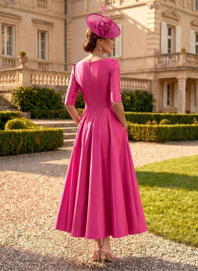 A-Line V-Neck 1/2 Sleeves Ankle-Length Satin Mother Of The Bride Dresses