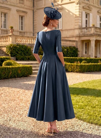 A-Line V-Neck 1/2 Sleeves Ankle-Length Satin Mother Of The Bride Dresses