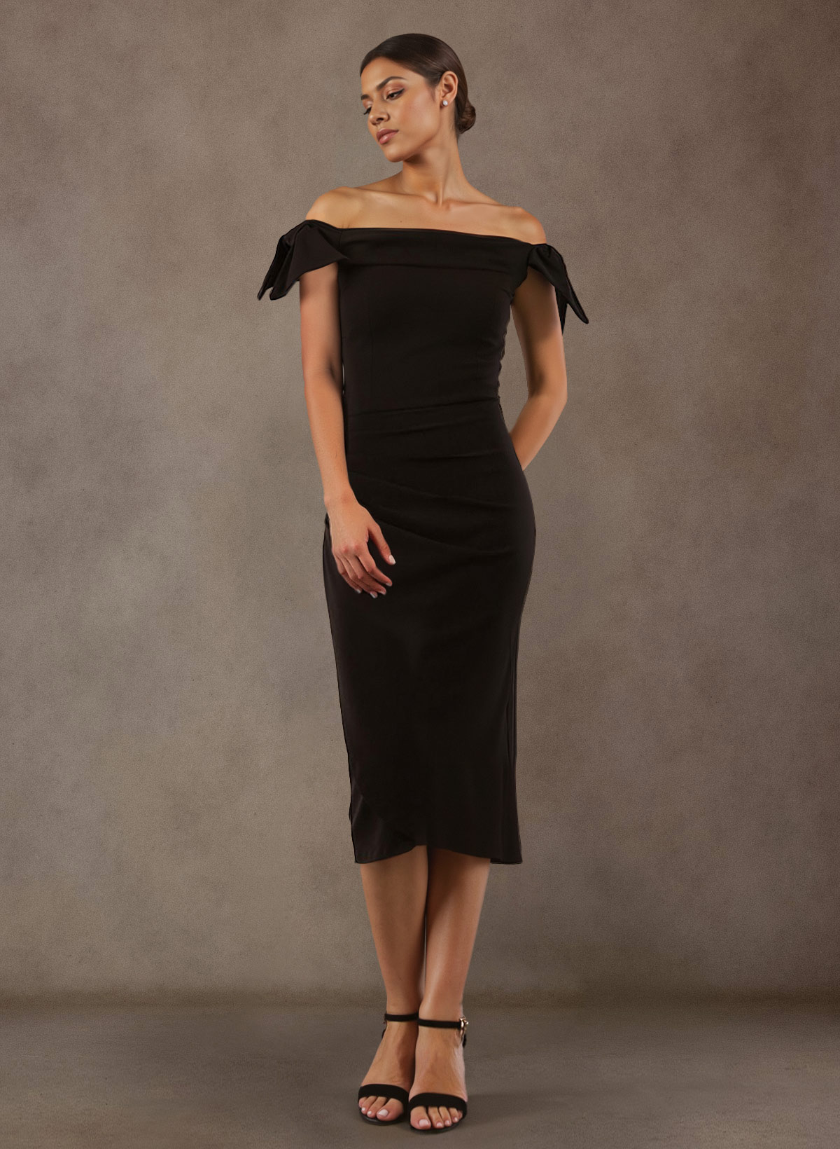 Sheath/Column Off-The-Shoulder Tea-Length Elastic Satin Mother Of The Bride Dresses With Bow(s)