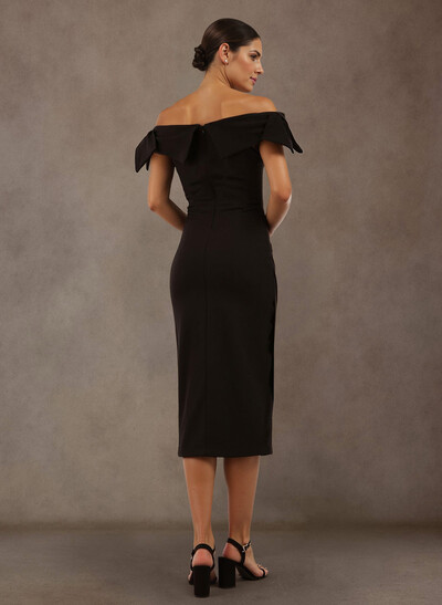 Sheath/Column Off-The-Shoulder Tea-Length Elastic Satin Mother Of The Bride Dresses With Bow(s)
