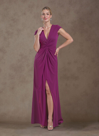 A-Line V-Neck Cape Sleeves Floor-Length Elastic Satin Mother Of The Bride Dresses With Split Front/Pleated