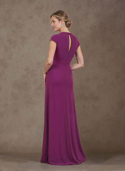 A-Line V-Neck Cape Sleeves Floor-Length Elastic Satin Mother Of The Bride Dresses With Split Front/Pleated