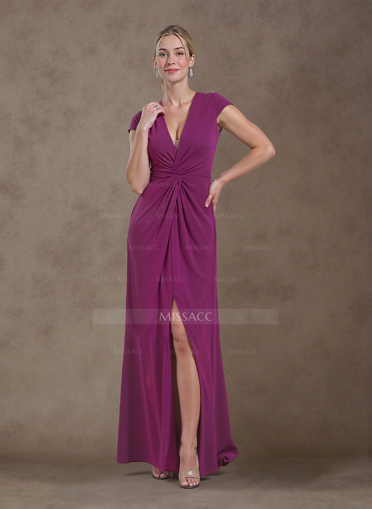 A-Line V-Neck Cape Sleeves Floor-Length Elastic Satin Mother Of The Bride Dresses With Split Front/Pleated