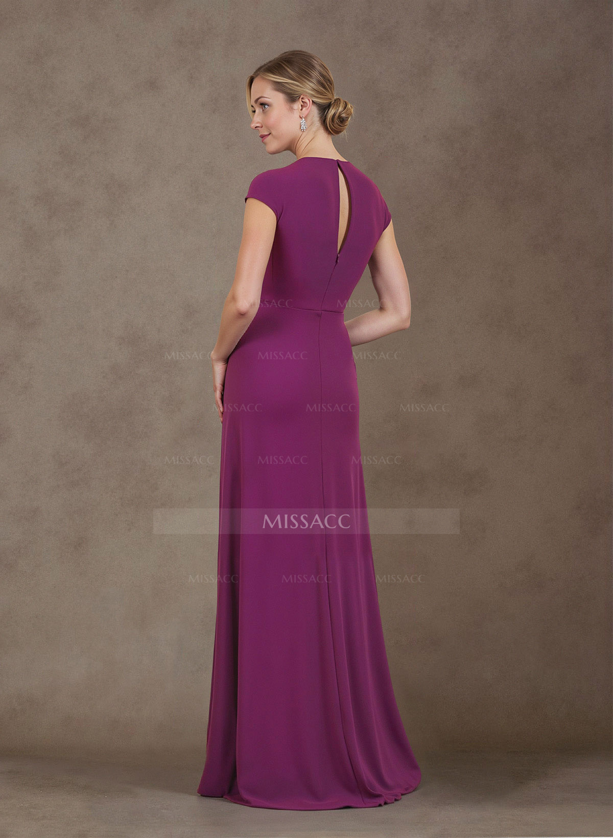 A-Line V-Neck Cape Sleeves Floor-Length Elastic Satin Mother Of The Bride Dresses With Split Front/Pleated