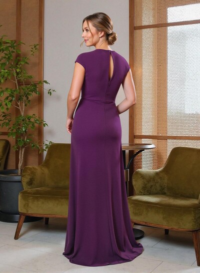 V-Neck Cape Sleeves Floor-Length Jersey Mother Of The Bride Dresses With Split Front/Pleated