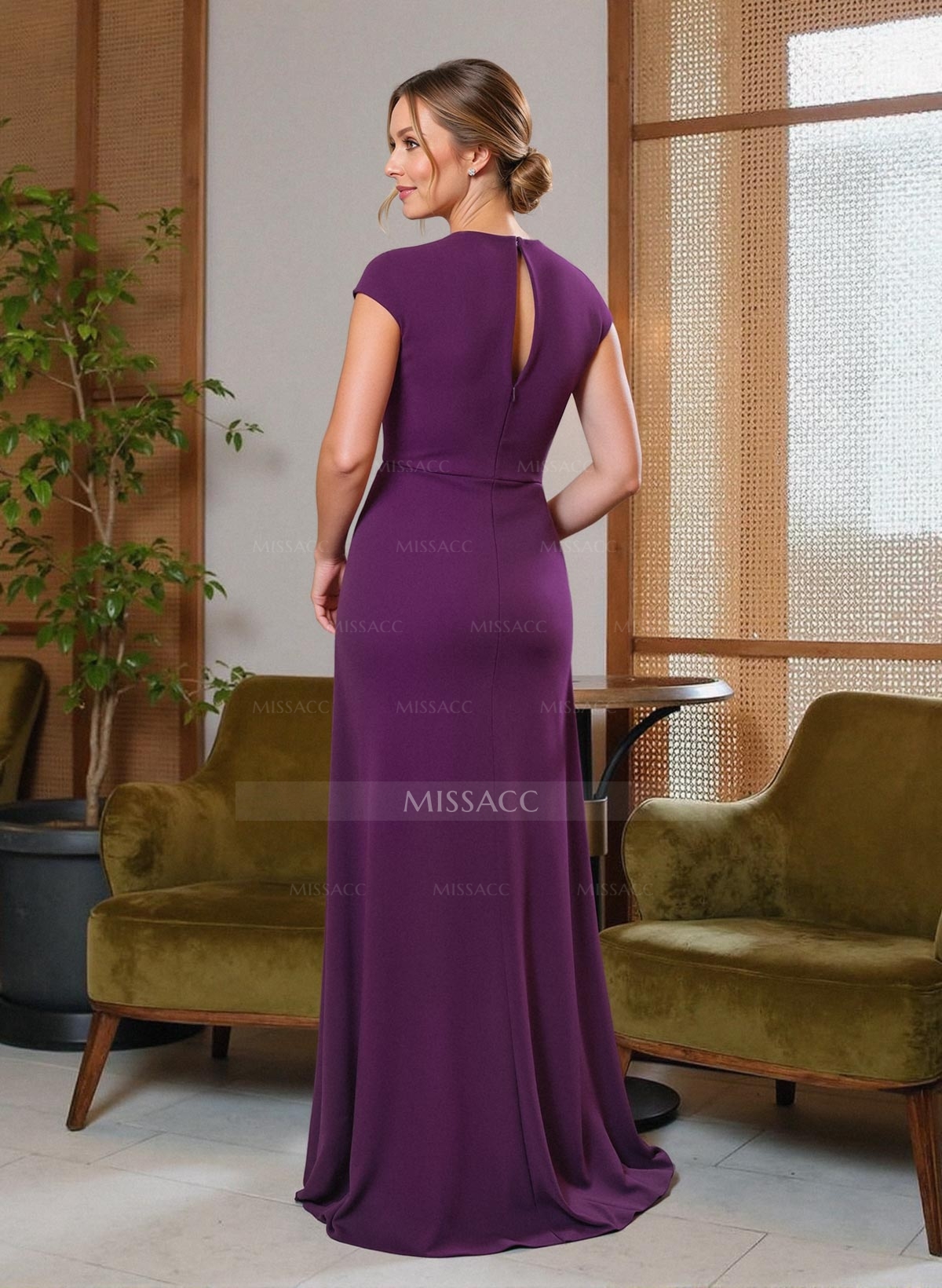 V-Neck Cape Sleeves Floor-Length Jersey Mother Of The Bride Dresses With Split Front/Pleated