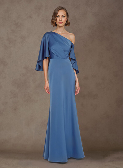Trumpet/Mermaid One-Shoulder Cape Sleeves Floor-Length Crepe Satin Mother Of The Bride Dresses