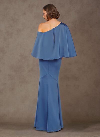 Trumpet/Mermaid One-Shoulder Cape Sleeves Floor-Length Crepe Satin Mother Of The Bride Dresses