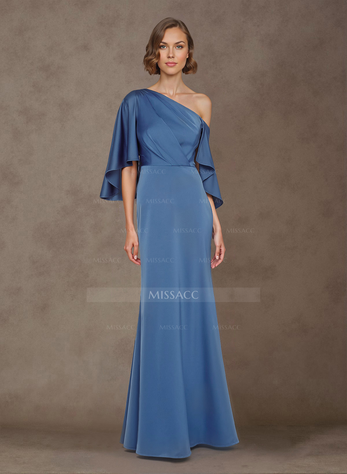 Trumpet/Mermaid One-Shoulder Cape Sleeves Floor-Length Crepe Satin Mother Of The Bride Dresses