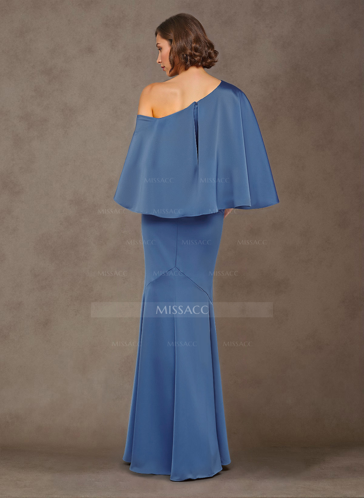 Trumpet/Mermaid One-Shoulder Cape Sleeves Floor-Length Crepe Satin Mother Of The Bride Dresses