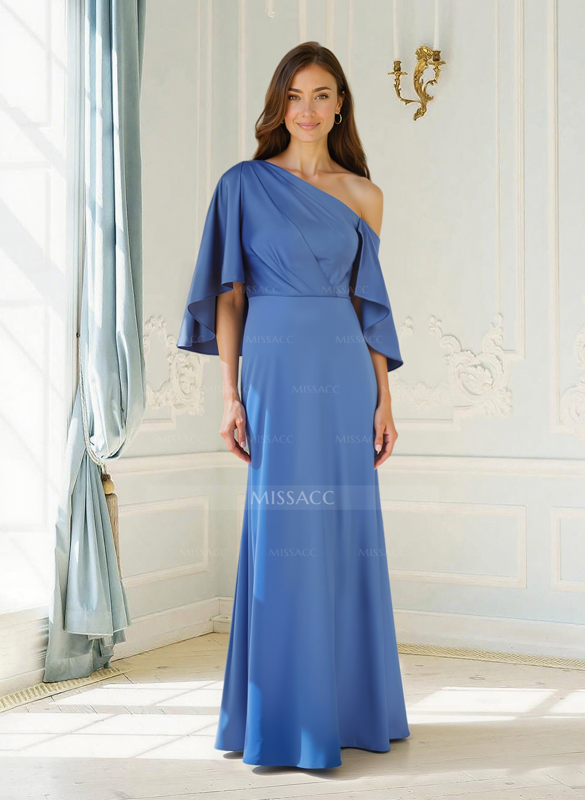 Trumpet/Mermaid One-Shoulder Cape Sleeves Floor-Length Crepe Satin Mother Of The Bride Dresses