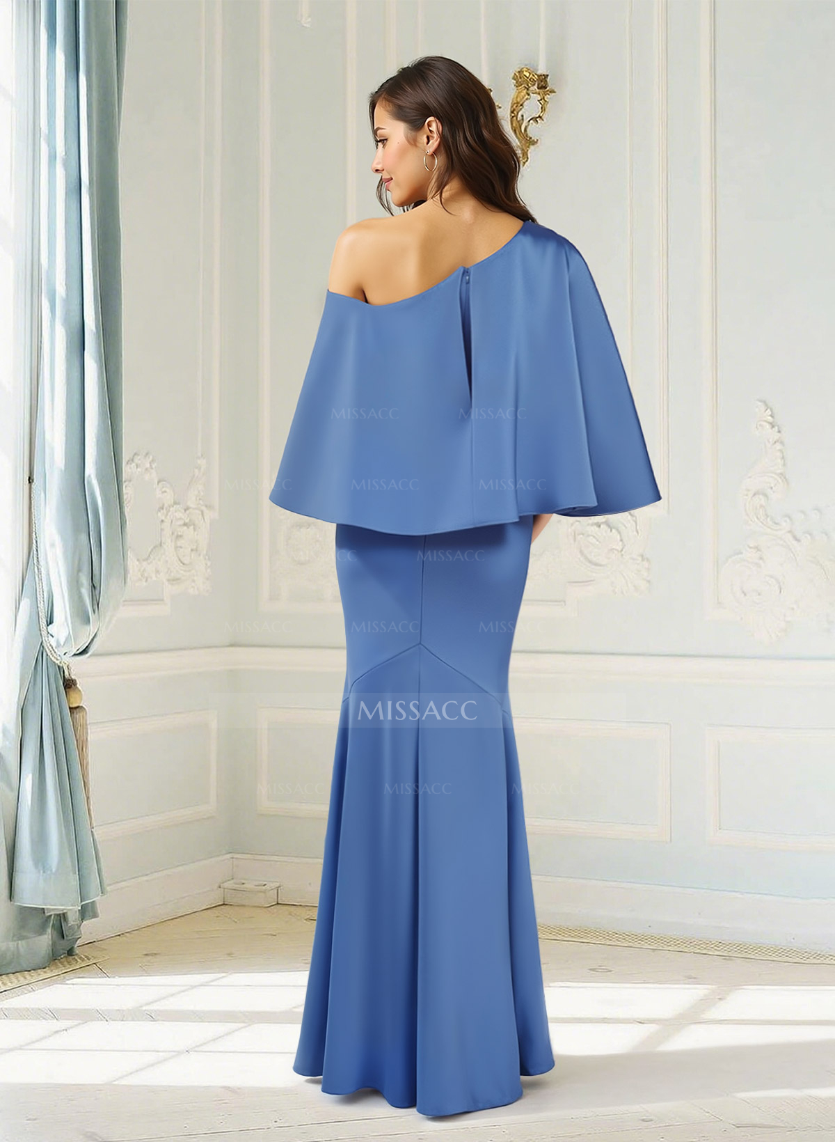 Trumpet/Mermaid One-Shoulder Cape Sleeves Floor-Length Crepe Satin Mother Of The Bride Dresses