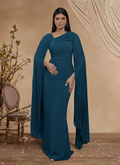 Sheath/Column Asymmetrical Cape Sleeves Floor-Length Chiffon Mother Of The Bride Dresses With Pleated