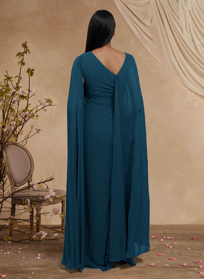 Sheath/Column Asymmetrical Cape Sleeves Floor-Length Chiffon Mother Of The Bride Dresses With Pleated