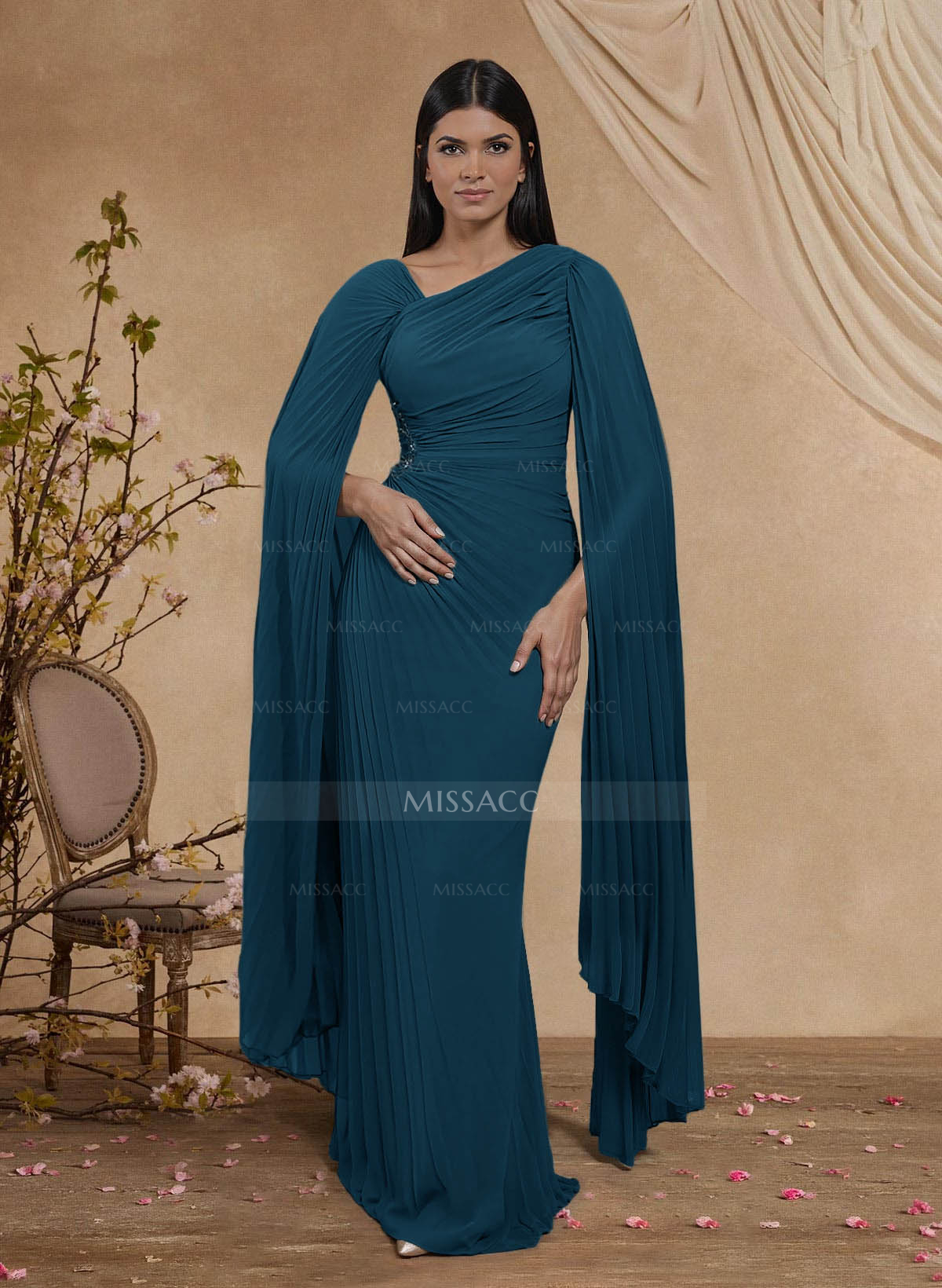 Sheath/Column Asymmetrical Cape Sleeves Floor-Length Chiffon Mother Of The Bride Dresses With Pleated