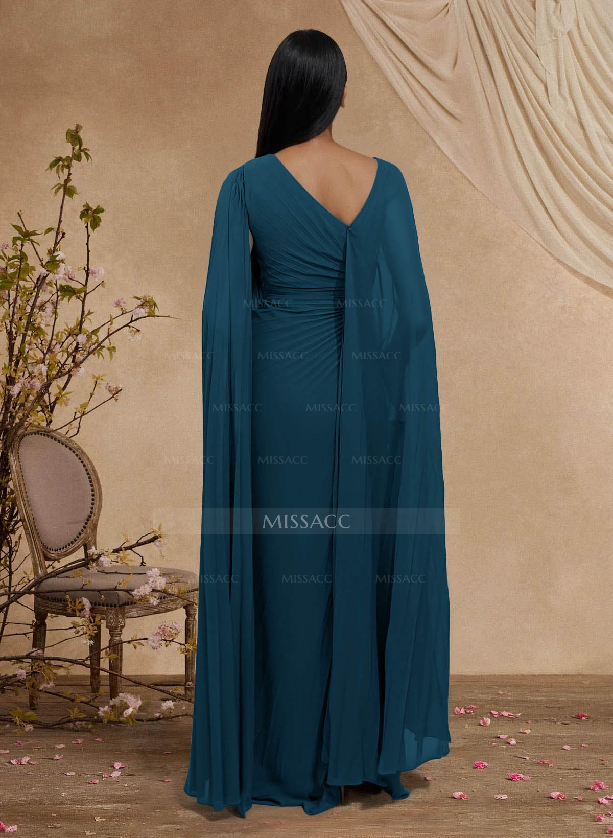 Sheath/Column Asymmetrical Cape Sleeves Floor-Length Chiffon Mother Of The Bride Dresses With Pleated