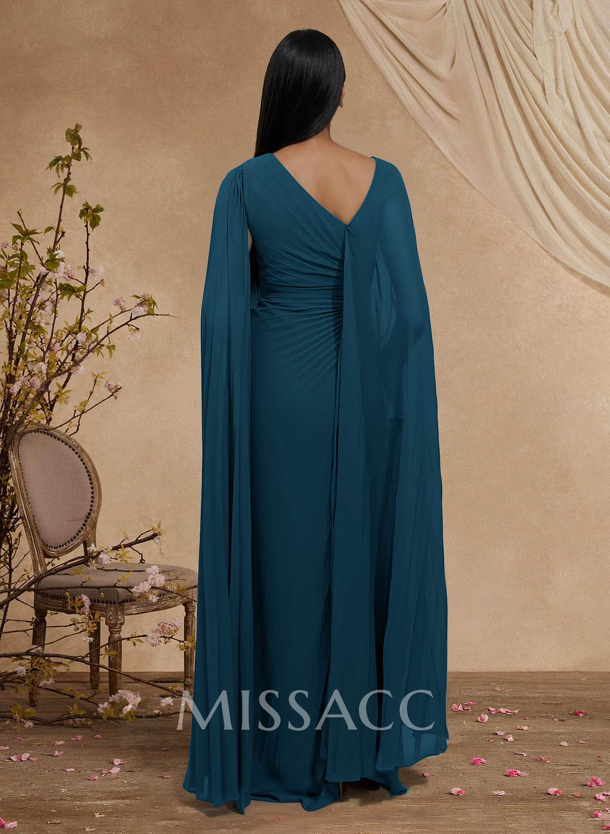 Sheath/Column Asymmetrical Cape Sleeves Floor-Length Chiffon Mother Of The Bride Dresses With Pleated