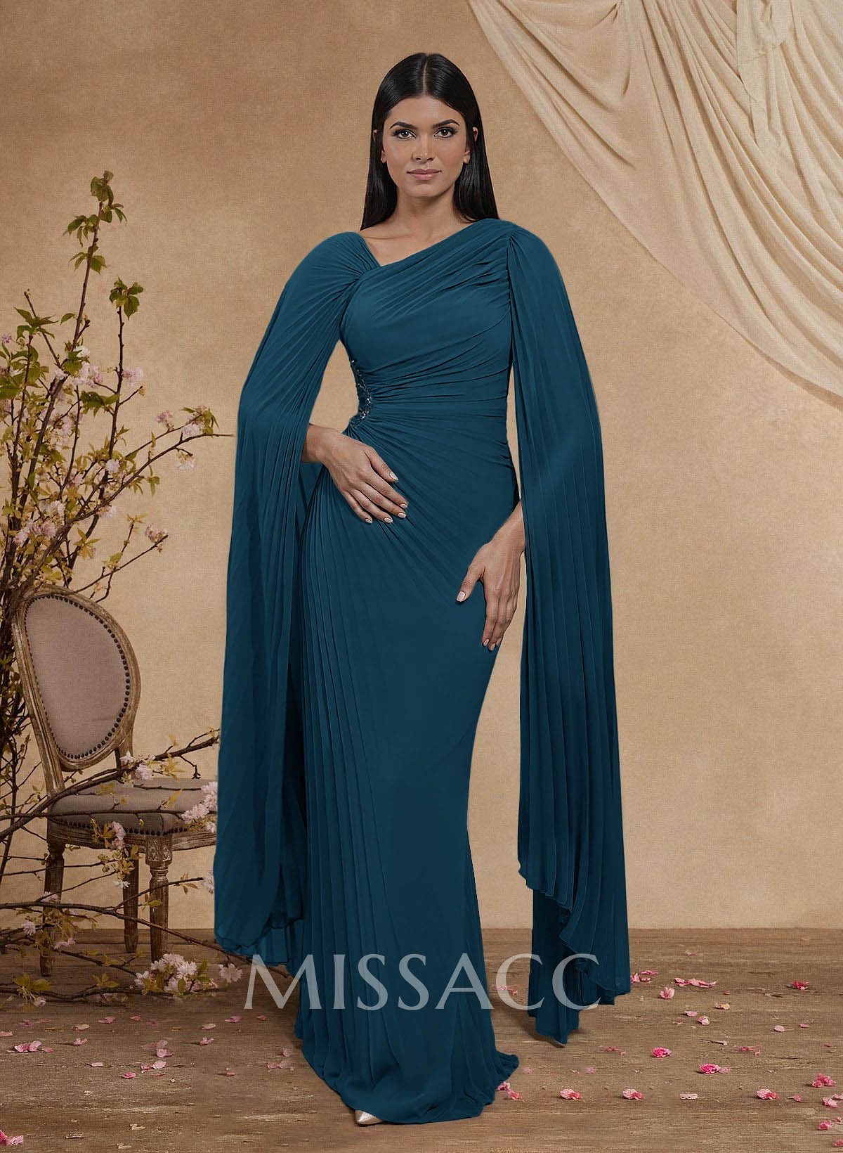 Sheath/Column Asymmetrical Cape Sleeves Floor-Length Chiffon Mother Of The Bride Dresses With Pleated