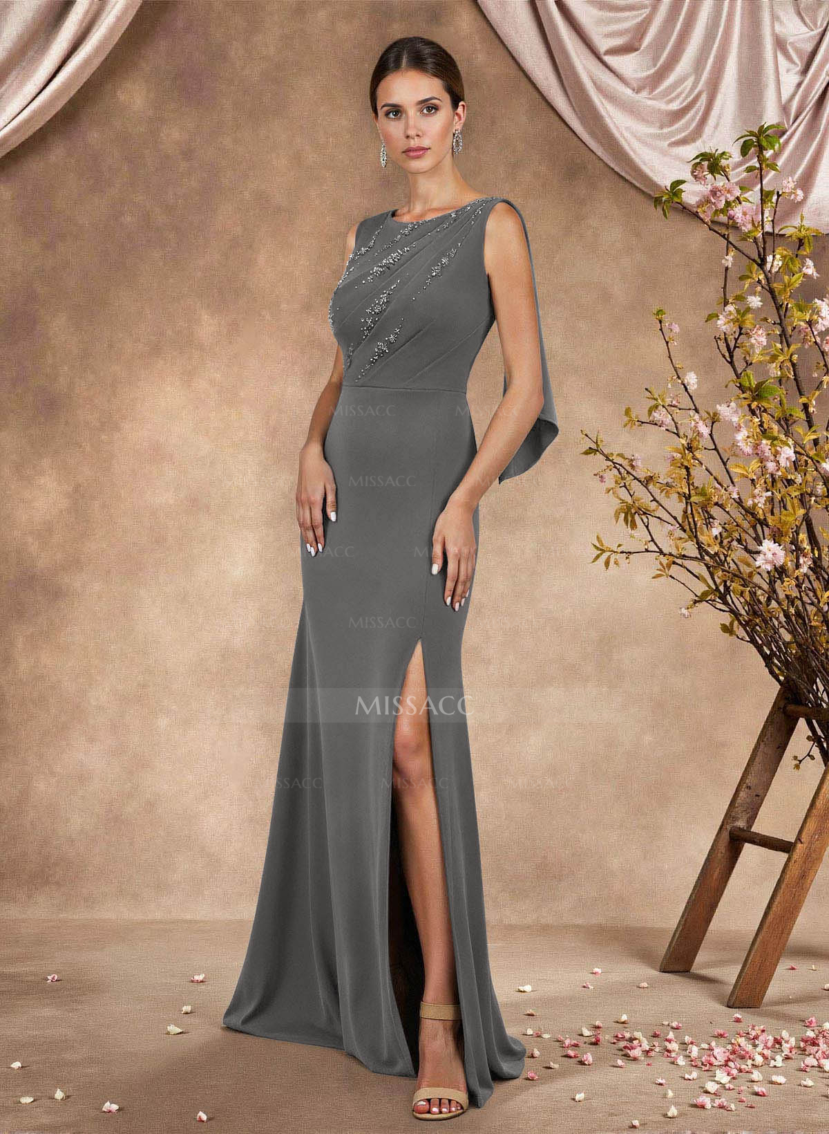 Trumpet/Mermaid Scoop Neck Sleeveless Sweep Train Stretch Chiffon Mother Of The Bride Dresses With Beading/Sequins/High Split