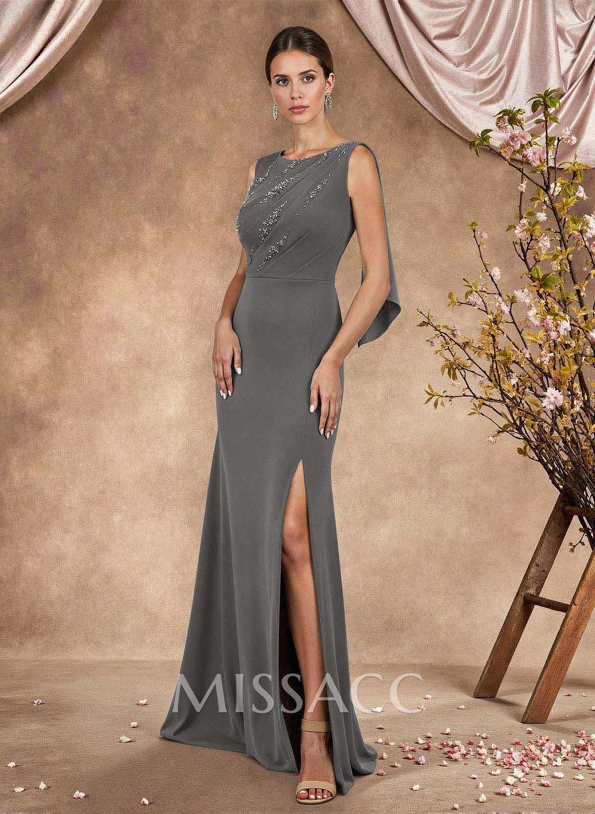 Trumpet/Mermaid Scoop Neck Sleeveless Sweep Train Stretch Chiffon Mother Of The Bride Dresses With Beading/Sequins/High Split