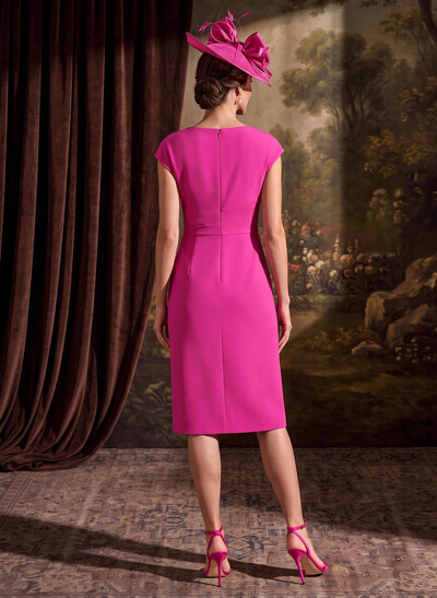 Sheath/Column Scoop Neck Cape Sleeves Knee-Length Elastic Satin Mother Of The Bride Dresses