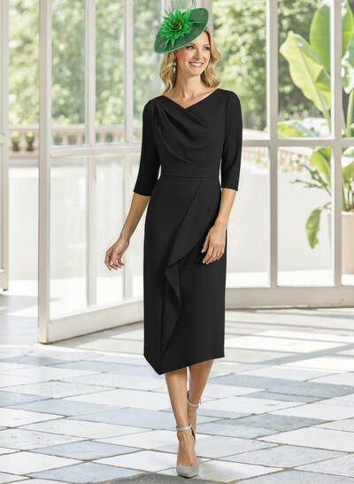 Asymmetrical 3/4 Sleeves Knee-Length Elastic Satin Mother Of The Bride Dresses