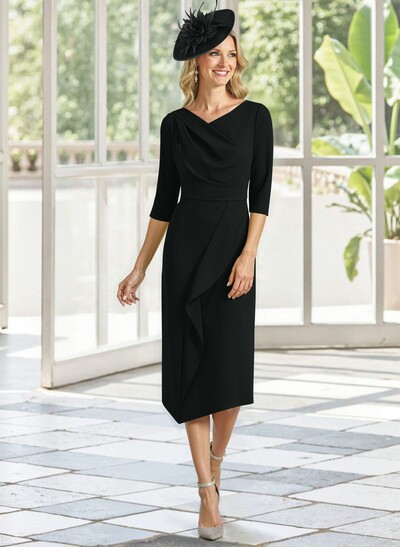 Asymmetrical 3/4 Sleeves Knee-Length Elastic Satin Mother Of The Bride Dresses