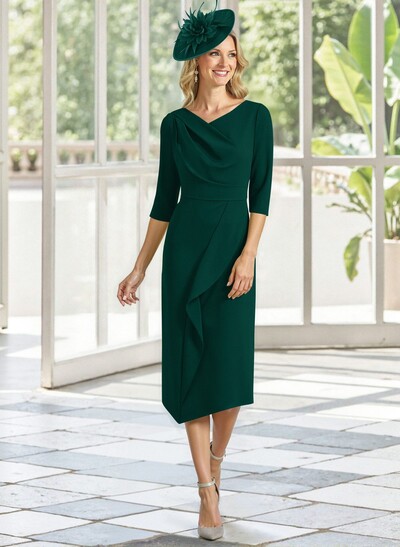 Asymmetrical 3/4 Sleeves Knee-Length Elastic Satin Mother Of The Bride Dresses